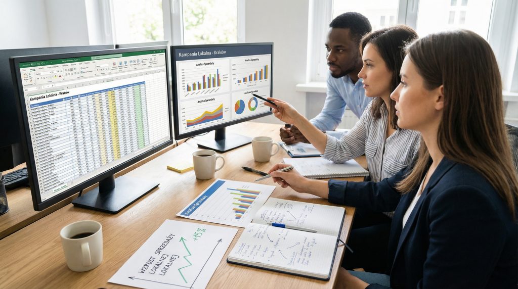 Zespół marketingowy analizuje dane z kampanii lokalnych na ekranach komputerów, na biurku leżą notatki i wykresy pokazujące wzrost sprzedaży lokalnej