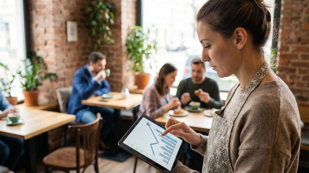 Właścicielka kawiarni sprawdza statystyki odwiedzin swojej strony internetowej na tablecie, w tle widać przytulne wnętrze lokalu z klientami przy stolikach