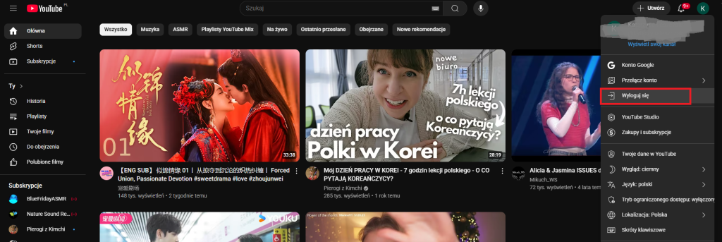 Wylogowanie z YouTube